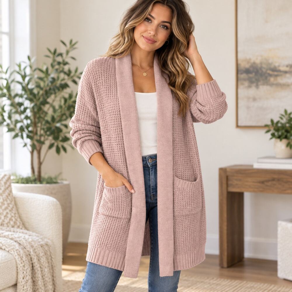 Jason Wu Womens L Blush Pink Open Front Long Cardigan Shawl Collar Pockets